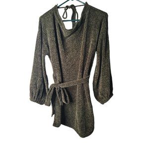 Lulus Small Dress Green Chenille Knit Sweater Balloon Sleeve Belted NWOT